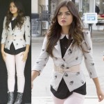 Aria’s skull print blazer and black and white peter pan collar top on Pretty Little Liars