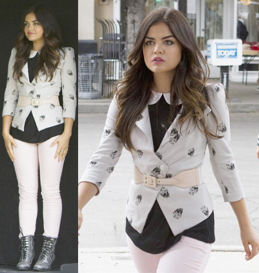 Aria’s skull print blazer and black and white peter pan collar top on Pretty Little Liars