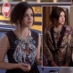 Aria’s tiger face dress and big cat graphic blazer on Pretty Little Liars