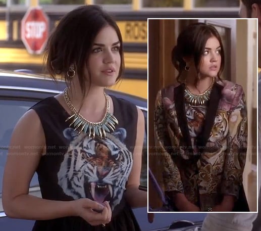 Aria's tiger face dress and big cat graphic blazer on Pretty Little Liars