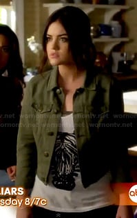 Aria’s zebra face top and army green jacket on Pretty Little Liars