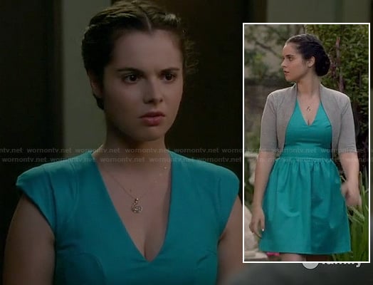 Bay's turquoise blue v-neck dress and grey shrug on Switched at Birth