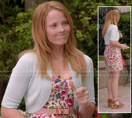 Daphne's floral dress with mint shrug cardigan on Switched at Birth