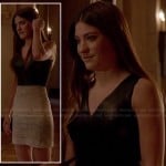 Debra’s leather v-neck dress with printed skirt on Dexter