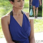 Divya’s blue and leather draped wrap style dress on Royal Pains