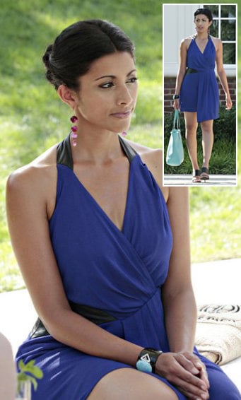 Divya’s blue and leather draped wrap style dress on Royal Pains