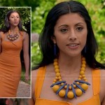 Divya’s orange pencil dress and blue and orange statement necklace on Royal Pains