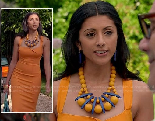 Divya's orange pencil dress and blue and orange statement necklace on Royal Pains