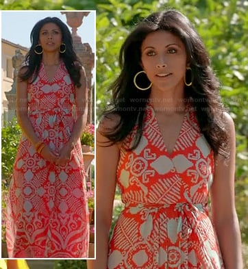 Divya's orange printed wrap maxi dress on Royal Pains