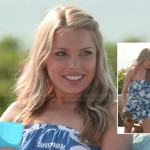 Emily’s blue and white rope printed strapless romper on The Vineyard