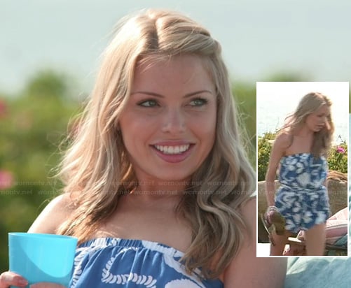 Emily's blue and white rope printed strapless romper on The Vineyard