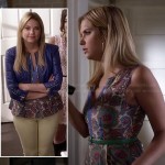 Hanna’s floral split neck peplum top and blue cropped leather jacket on Pretty Little Liars