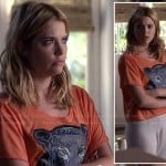 Hanna’s “loser” sweatpants and orange and blue leopard face tee on Pretty Little Liars