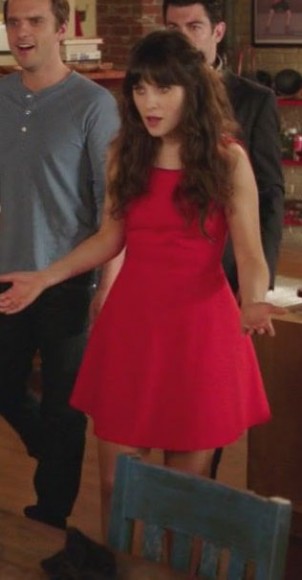 Jess's red flared dress with V back on New Girl