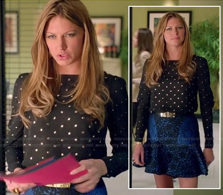 Josslyn's black studded blouse and blue ruffle hem skirt on Mistresses