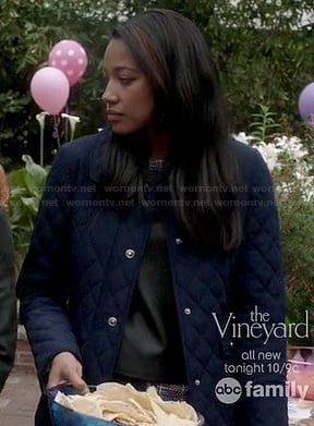 Lacey's navy blue quilted jacket on Twisted