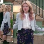 Lennox’s grey blazer with long pleated tail and floral skirt on Melissa and Joey