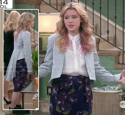 Lennox’s grey blazer with long pleated tail and floral skirt on Melissa and Joey