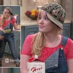 Lennox’s pink lace crop top with denim overalls and embellished hat on Melissa and Joey