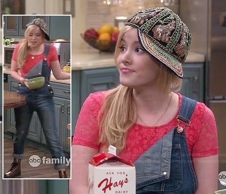 Lennox's pink lace crop top with denim overalls and embellished hat on Melissa and Joey