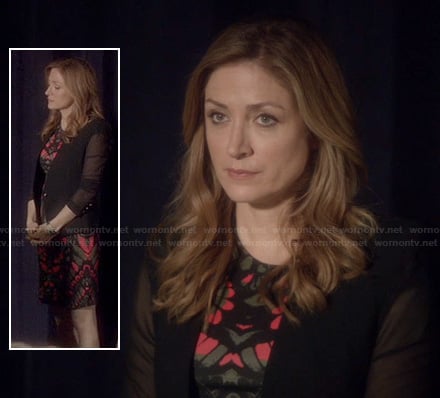 Maura's pink and black patterned dress and mesh sleeve blazer on Rizzoli and Isles