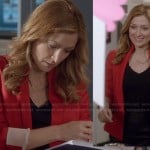 Maura’s red blazer and curved bar necklace on Rizzoli and Isles