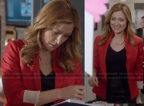 Maura's red blazer and curved bar necklace on Rizzoli and Isles