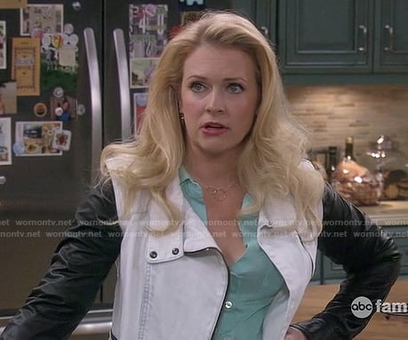 Mel's black and white leather/denim jacket on Melissa and Joey