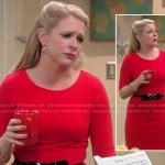 Mel’s red elbow sleeve dress with black bow belt on Melissa & Joey