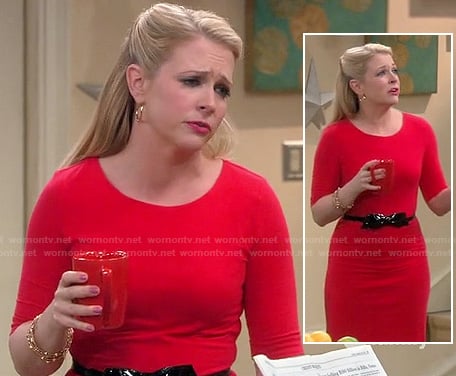 Mel's red elbow sleeve dress with black bow belt on Melissa & Joey