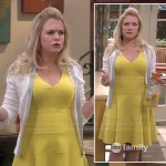 Mel’s yellow flared bandage dress on Melissa and Joey