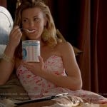 Paige’s strapless dress with lips/kisses print on Royal Pains