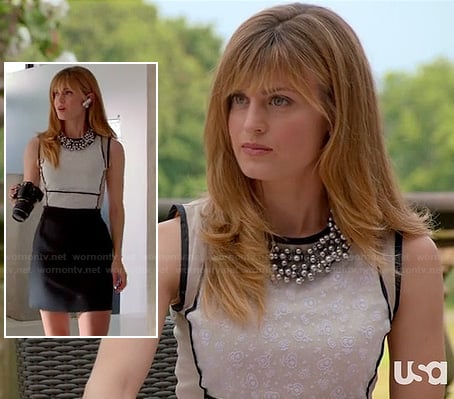 Paige's cream and black contrast dress and chunky beaded necklace on Royal Pains