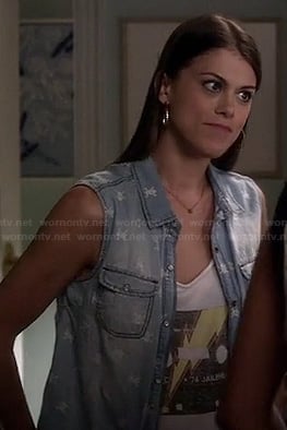 Paige's AC/DC cassette tape graphic tee and chambray sleeveless shirt on Pretty Little Liars