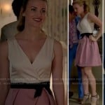 Paige’s white and pink wrap style dress with bow and studded heels on Royal Pains