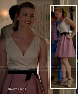 Paige's white and pink wrap style dress with bow and studded heels on Royal Pains