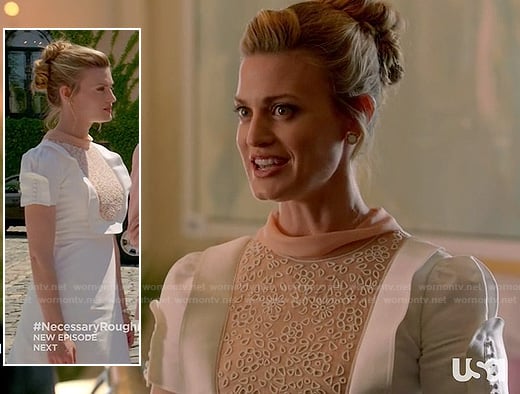 Paige's white bib ruffle dress on Royal Pains