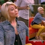 Riley’s navy heart print blouse, yellow jeans and denim jacket on Baby Daddy