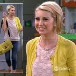 Riley’s white lace top with yellow cardigan and messenger bag on Baby Daddy