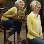 Riley’s yellow beaded cardigan, polka dot top and two-tone sandals on Baby Daddy