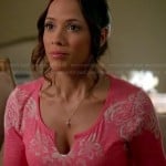 Rosie’s pink and white printed split neck tee on Devious Maids