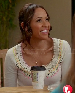 Rosie's white embroidered henley top on Devious Maids