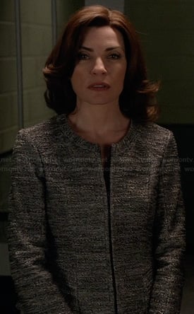 Alicia's grey tweed zip front jacket on The Good Wife