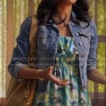 April’s blue and green printed maxi dress and denim jacket on Mistresses