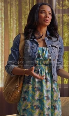 April's blue and green printed maxi dress and denim jacket on Mistresses