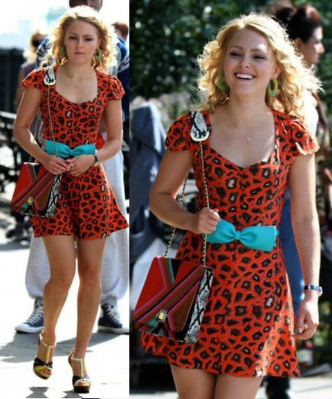Carrie's red cheetah print dress with blue bow belt on The Carrie Diaries