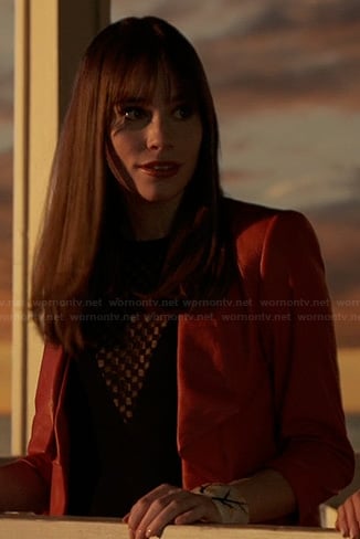 Charlotte’s red leather jacket and black chevron detail top on Revenge