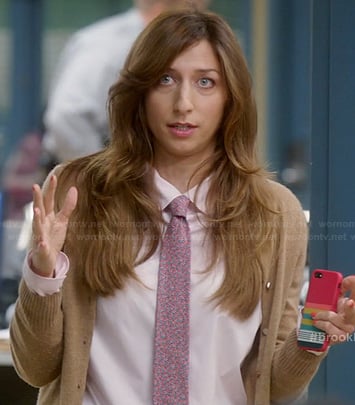 WornOnTV: Gina’s floral neck tie, brown cardigan and striped iPhone ...