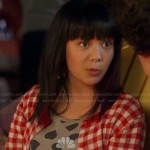 Grace’s grey heart print top and red gingham check cardigan on Camp