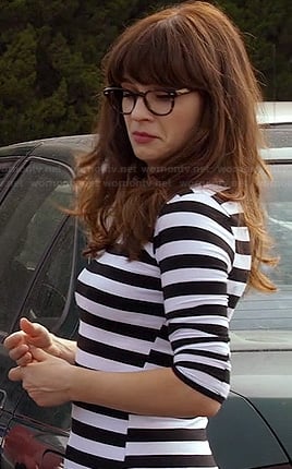 Jess's black and white striped three quarter sleeve top on New Girl